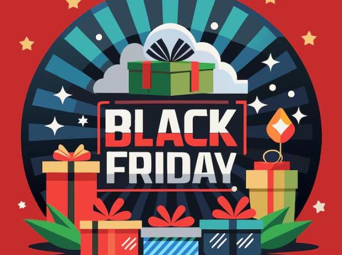 Illustrazione con regali colorati e testo 'Black Friday' su sfondo rosso.